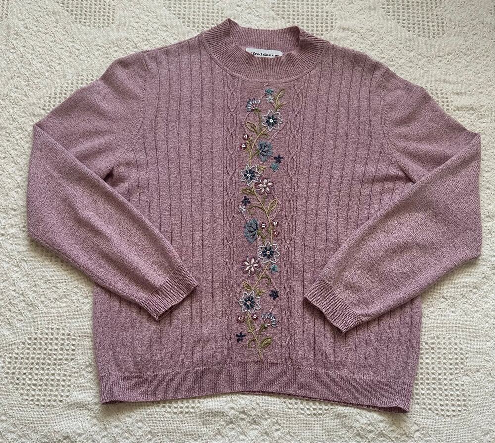 Alfred Dunner Petites Pink/Purple Floral Embroidered Cable Knit Sweater